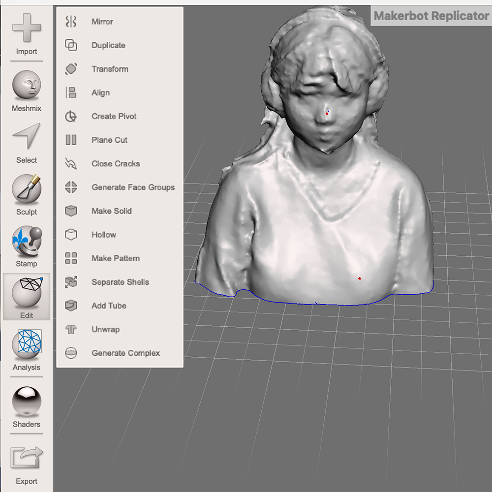 <b>Importing and Filling My 3D Model</b><br>Here is my 3D model that I’ve imported into Meshmixer after scanning it. I used the ‘Inspector’ function to add some fill to the model to ensure it has a consistent and stable structure.