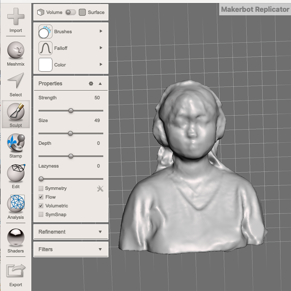<b>Smoothing My Model</b><br>In this screenshot, I’m using the ‘Sculpt’ tool in Meshmixer to smooth out the edges and corners of my object. This helps to soften any sharp areas and refine the overall appearance of my 3D model.
