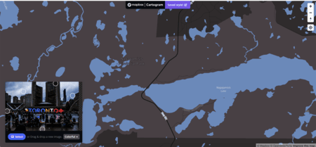 <b>Custom Map with Toronto Neon Sign Image Using Cartogram</b><br>This map was made using Cartogram to apply a color scheme from an image of the Toronto neon sign. By importing the image, I generated a map with darker hues, reflecting the nighttime urban atmosphere captured in the photo. The map now carries the visual essence of Toronto’s downtown at night.