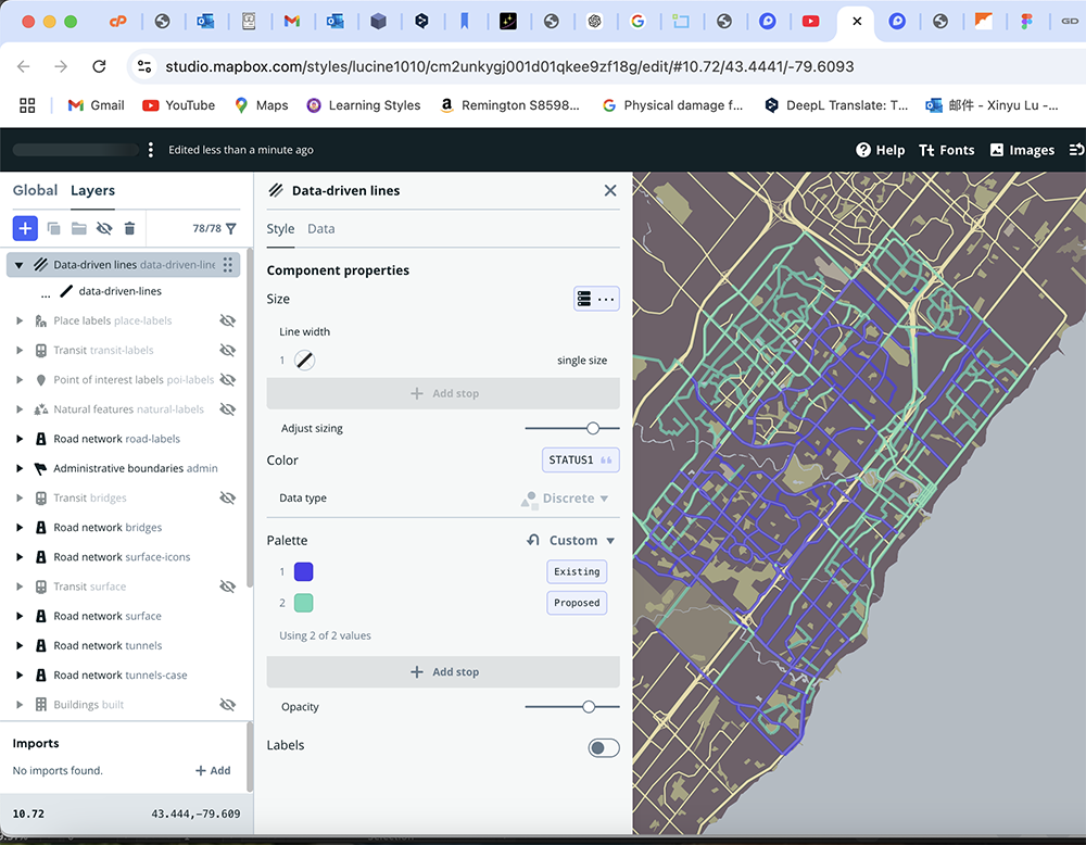 <b>Data-Driven Lines Map</b><br>
          In this Mapbox Studio map, I used data-driven lines to show different routes. The map focuses on Oakville, Ontario, with layers that show existing and proposed paths. I adjusted the line thickness and color based on the data to make it easier to see each type of route. I followed Module 2 tutorial1 to set up the data-driven style.