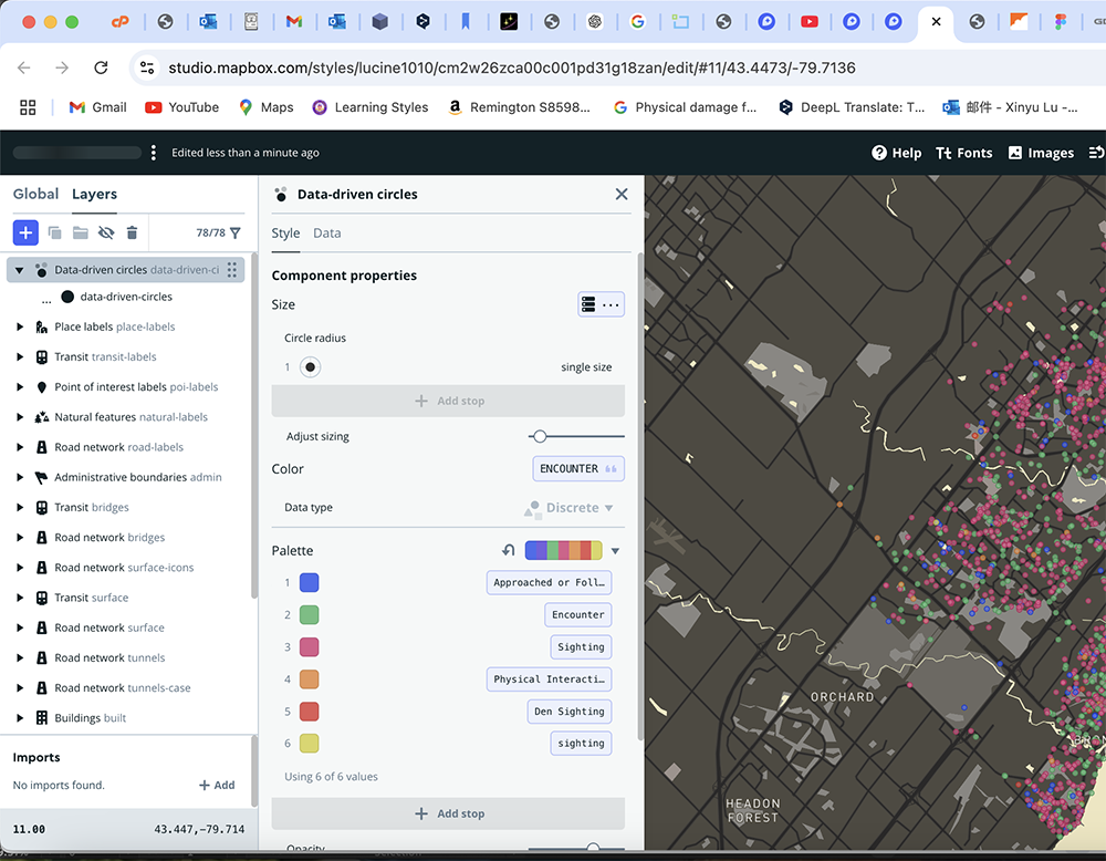 <b>Encounter Data with Color-Coded Palette</b><br>
          This version of the map intensifies data visualization by adding more distinct colors for various encounter types. I used a six-value color palette to categorize sightings, approaches, and physical interactions, which helps in identifying areas with frequent occurrences across Oakville.