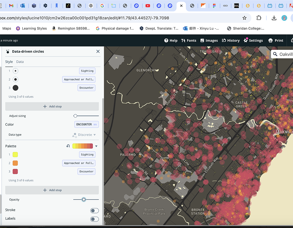 <b>Data-Driven Circles: Oakville Sighting Events</b><br>
          This map applies data-driven circles to display sighting events in Oakville, using color variations to indicate different encounter types. By adjusting circle size and color, I enhanced visibility and differentiation of data points, making patterns in sightings more apparent.