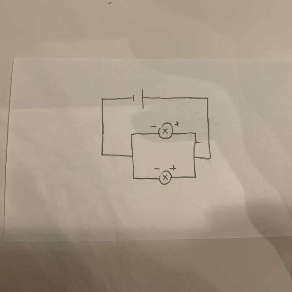 I drew a circuit diagram with two connected loops. It includes two LEDs powered by a single battery.