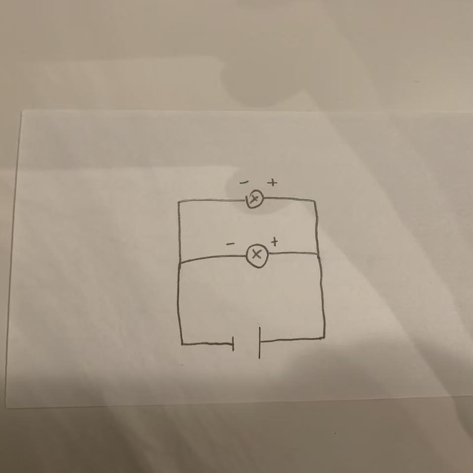I designed a parallel circuit diagram with two separate LEDs. This layout ensures both lights operate independently.