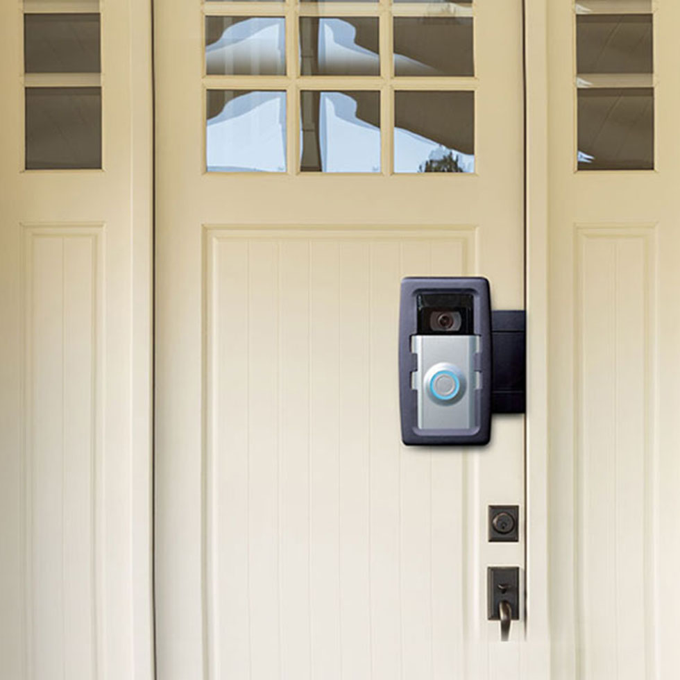 A door equipped with a smart sensor device to detect motion or presence.