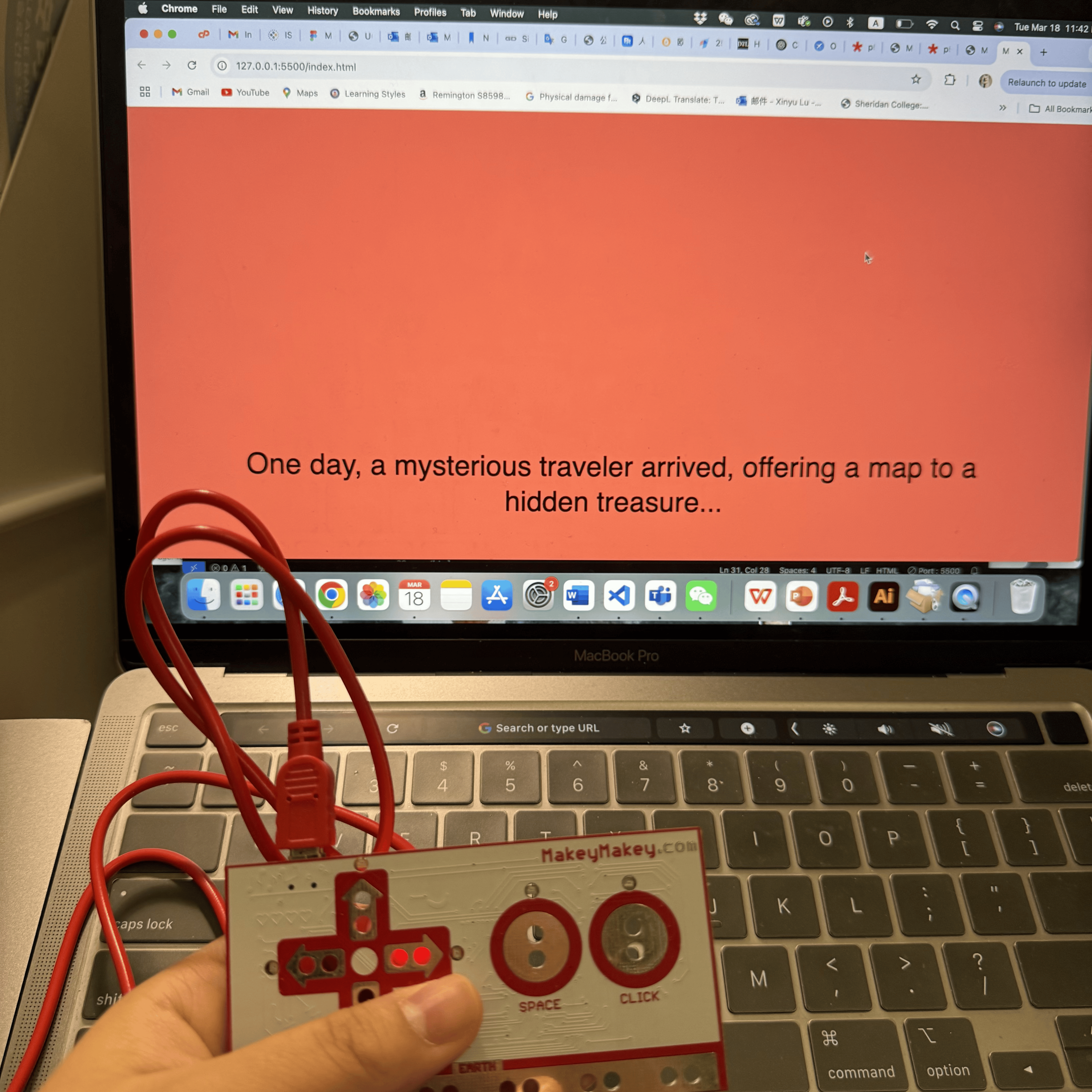 In this photo, I'm interacting with a digital story displayed on my laptop screen, where the text changes as I press the arrow keys on the Makey Makey device. This setup allows me to navigate through different parts of the story, changing the scene with each press.