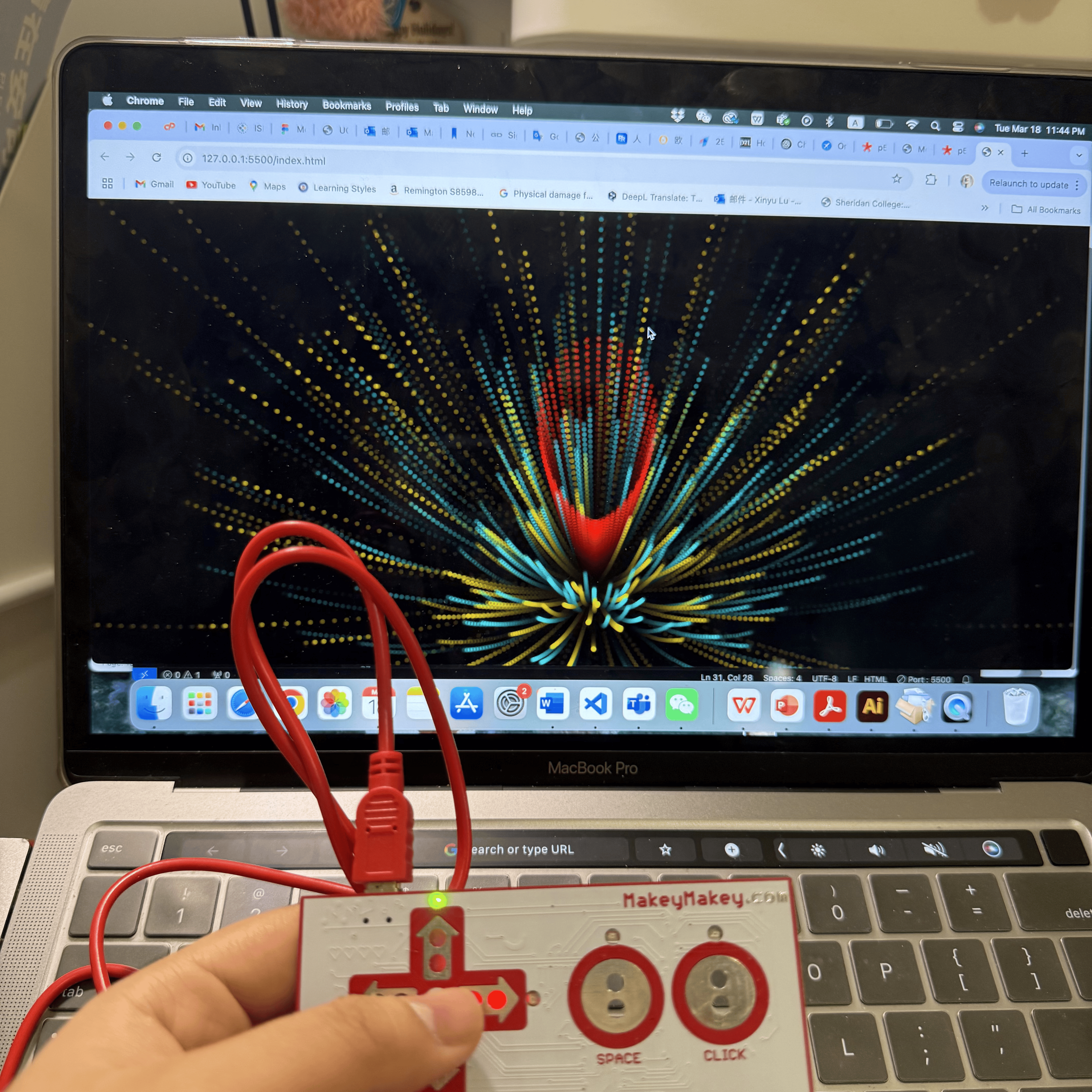 In this photo, I'm using my laptop to run a dynamic fireworks simulation. By pressing the arrow keys, I can change the patterns and colors of the fireworks, making the display vivid and interactive.