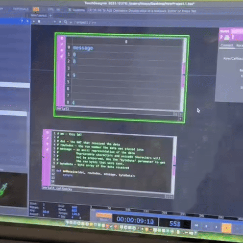 <b>Connecting Arduino Data to TouchDesigner</b><br>We connected the Arduino to TouchDesigner and received live sensor values through a serial DAT. The numbers changed when we covered the light sensor or changed the light intensity. This allowed us to link real-world light changes to responsive visuals.