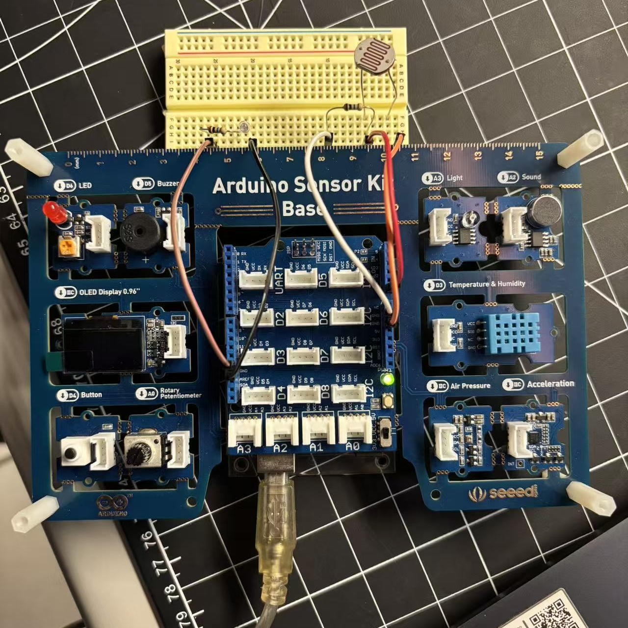 <b>Sensor Kit Wiring Confusion</b><br>We connected the light sensor to the breadboard and attached the wires to the Arduino Sensor Kit, but the circuit did not work as expected. We were not sure whether the pins on the kit matched the correct input on the Uno. This made it difficult for us to confirm if the sensor was responding properly.