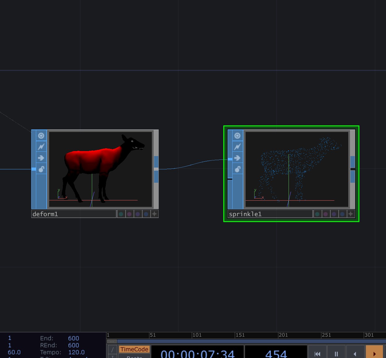 <b>Converting FBX into particles</b><br>We connected the FBX model to the particle system to turn the shape into particles. This step allowed the model’s form to be represented as many small points, which helps us create a more dynamic visual effect. It is the base for the particle animation.