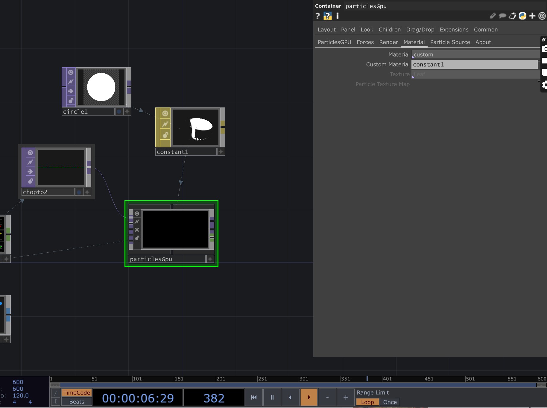 <b>Customizing particle material</b><br>We worked on customizing the material for the particles inside the particlesGpu component. By selecting a custom material, we could control how each particle looks, such as adding a simple texture or adjusting color. This step helped us refine the overall visual style.
