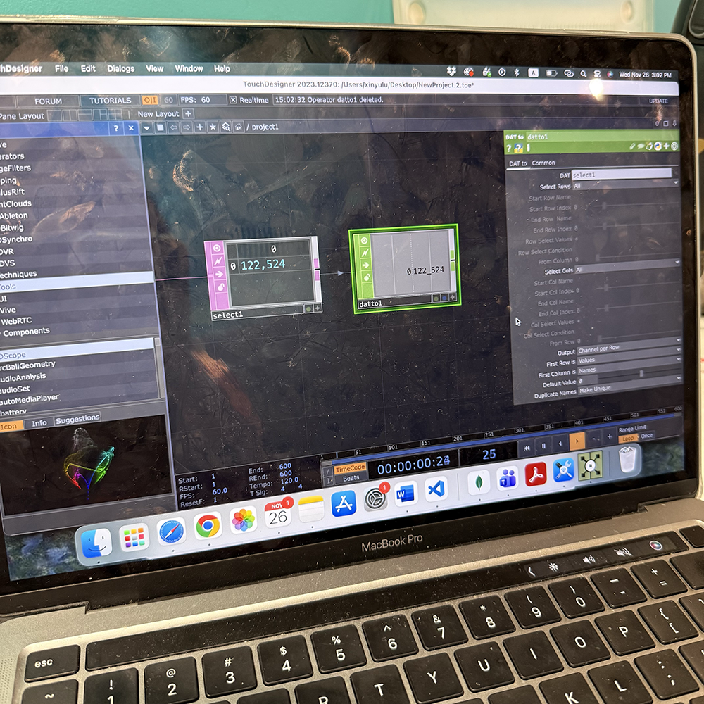 <b>Setting Up the Data Table in TouchDesigner</b><br>In this image, we are testing how TouchDesigner receives and organizes the sensor data. We use a select DAT and a table DAT to check if the values are read correctly. This step helps us confirm that the serial input from Arduino can be cleaned and prepared for later use in our visuals.
