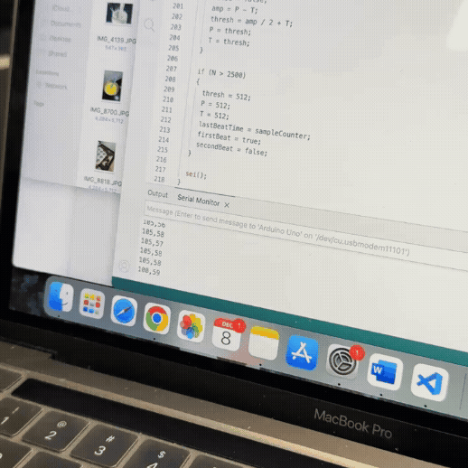<b>Arduino Sensor Data Changes</b><br>In this GIF, we show how the force sensor and heart rate sensor send continuous data to Arduino. We can see the numbers updating in real time, which helps us understand how the user’s pressure and heartbeat change during interaction. This step is important because it confirms that both sensors work correctly and send stable data for our project.